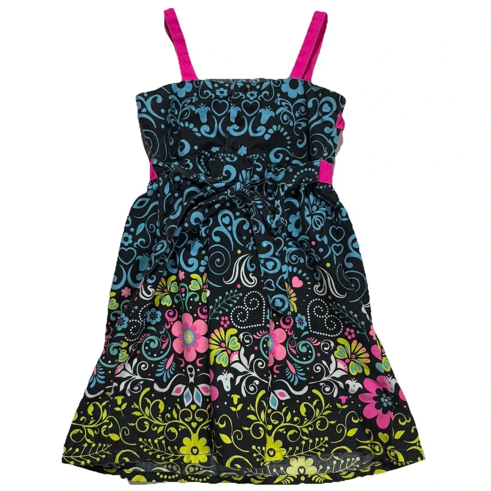Sugah & Honey Girls Floral Paisley Sundress Boho Pink Straps Waist Sash Size 5